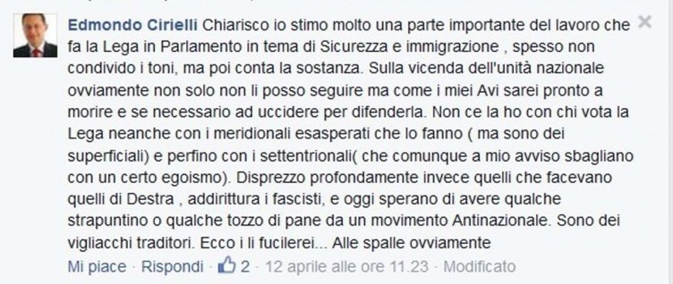 Cirielli shock: “li fucilerei alle spalle” è la frase che ha postato su Facebook contro i fascisti di Noi con Salvini - aSalerno.it